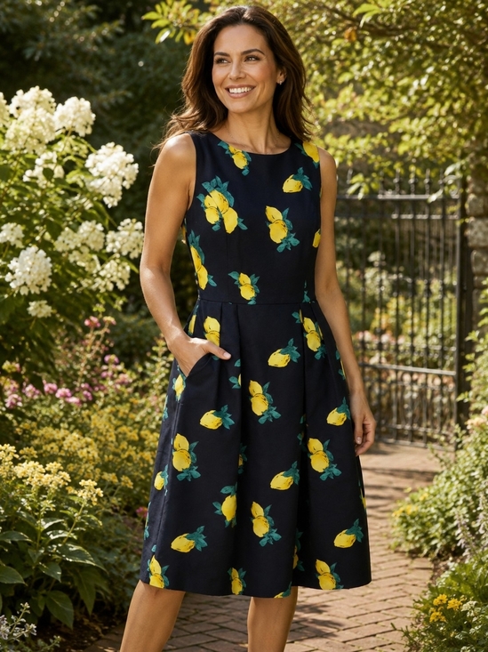 New York & Company Dresses & Skirts - Evan-Picone Lemon Print Fit & Flare Dress Size 14 Navy Sleeveless